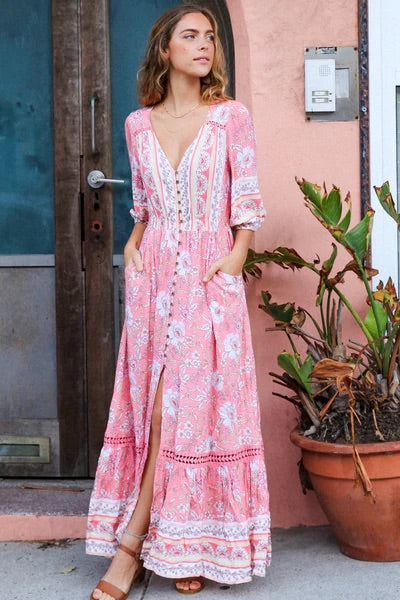 madeline maxi dress Madeline Smocked Ruffle Maxi Dress - Light Blue + Raspberry + Soft White Light Blue + Raspberry